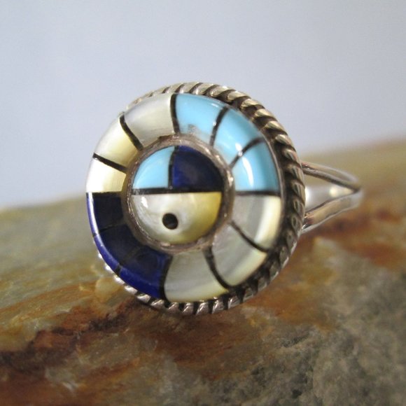 Zuni Sunface Ring, Turquoise Lapis Mother Of Pearl Onyx, Frank Yazzie Design - Picture 3 of 8
